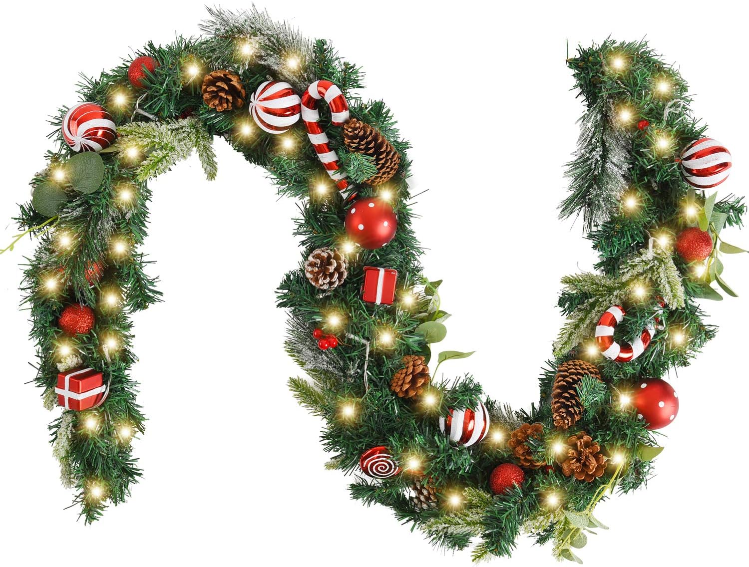 Wreaths, Garlands & Swags - WANNA-CUL Pre-Lit 6 Feet/ 72 Inch Christmas Garland with Lights for Front Door Red White Christmas Mantel Garland Decoration with Ball Ornaments,Candy Canes,Eucalyptus Leaves, Battery Operated 30 LED