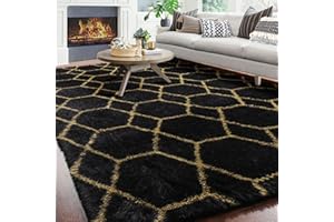 ONASAR 8x10 Black and Gold Rug, Large Boho Geometric Area Rugs for Living Room, Soft Fluffy Plush Neutral Carpet for Bedroom Classroom Playroom Room Decor Aesthetic, Shaggy Moroccan Floor Rug