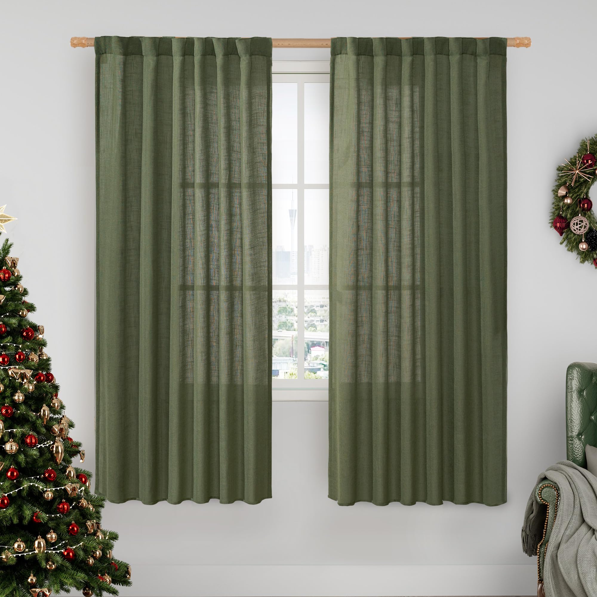 LAMIT Light Filtering Linen Curtains 68 inch for Bedroom, Linen Textured Semi Sheer Back Tab and Rod Pocket Boho Modern Christmas Decor Drapes for Living Room, Olive Green, 2 Panels, 52 x 68 Inch Image