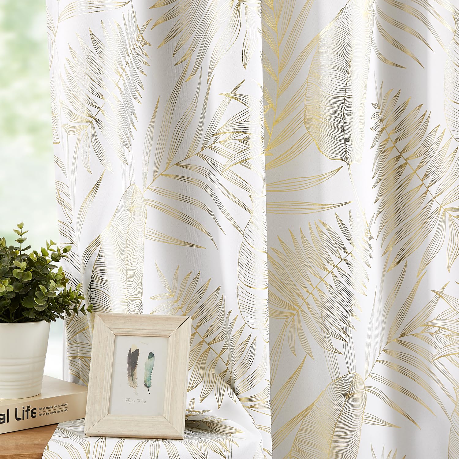 Photo 1 of Ronaldecor Leaf Blackout Curtains for Bedroom Tropical Gold Patterned Curtain Panels Darkening Thermal Insulated Soundproof Grommet Top Window Treatments Set, 52x63Inch, 2 Panels