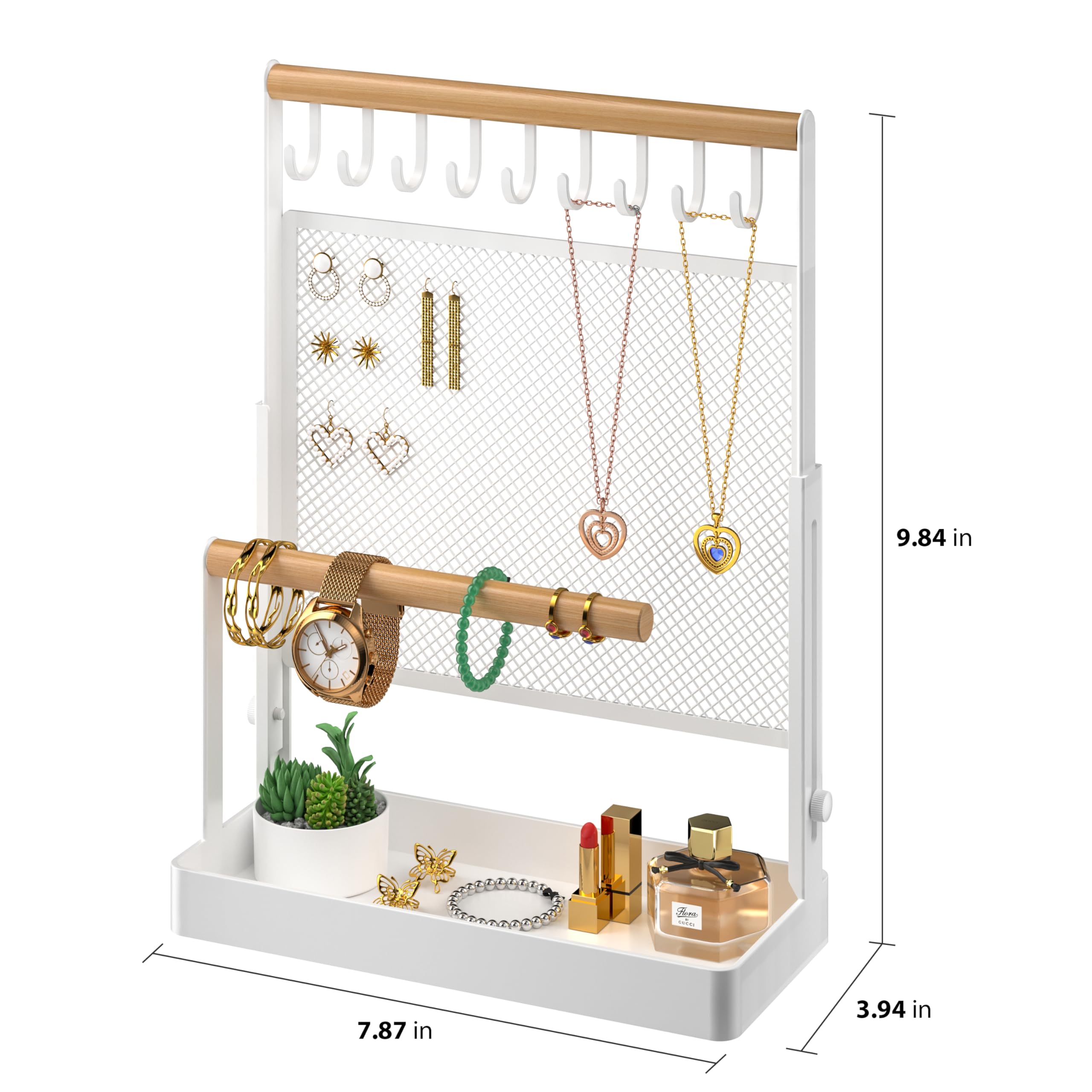 Jewelry Organizer Stand, Liftable Necklace Holder with Earring Organizer Net, 9 Hooks Necklaces Storage Wooden Handing Bar for Bracelets Watches Rings (White)
