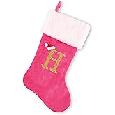 BELISHMIE 20-inch Personalized Pink Faux Velvet Stocking with Embroidered Gold Letter – Luxurious Christmas Decoration and Gift, Plush Finish (Pink-H)