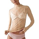Ugerlov Women's Long Sleeve Mesh Top Mock Neck Sheer Blouse See Through Floral Lace Tops