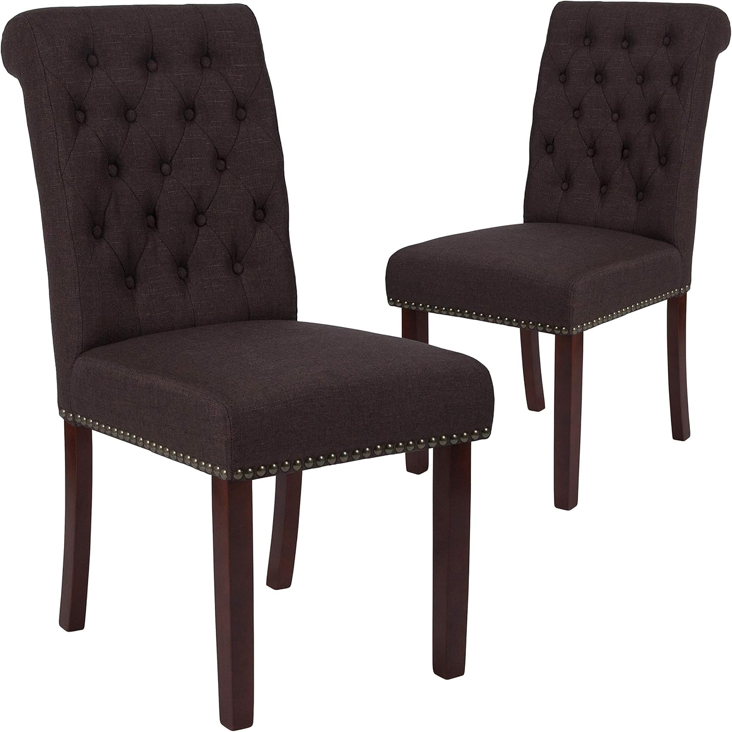Flash Furniture 2 Pk. HERCULES Series Brown Fabric Parsons Chair with Rolled Back, Accent Nail Trim and Walnut Finish