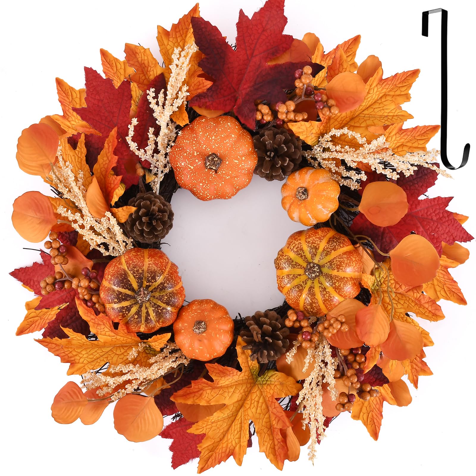 Photo 1 of 0420 Inch Fall Wreaths Decorations Maples Autumn Wreath with Leaf Pumpkin Pine Cone Berry for Thanksgiving Harvest Farmhouse Outdoor Indoor Window Wall-