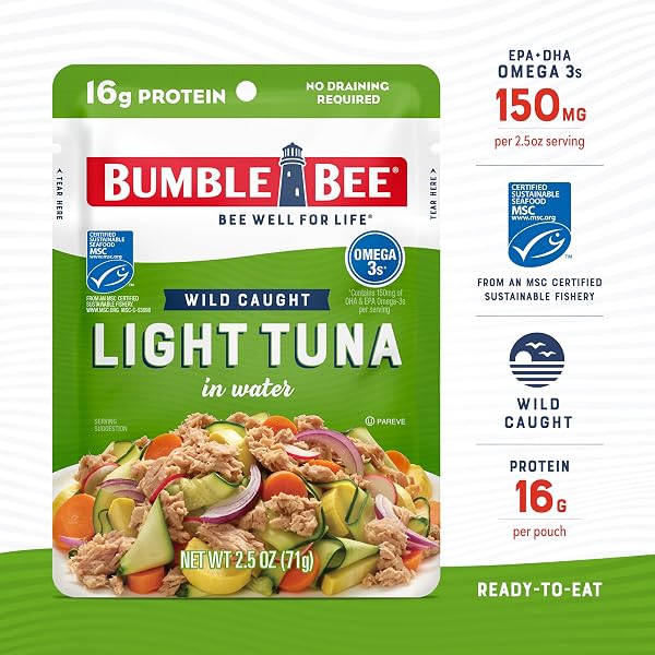 BUMBLE BEE CHUNK LIGHT TUNA IN WATER, 2.5 OZ POUCHES (PACK OF 3) – READY TO EAT WILD CAUGHT SKIPJACK TUNA PACKET – 16G PROTEIN PER SERVING – MSC SUSTAINABLE SEAFOOD, NON-GMO, GLUTEN FREE, KOSHER