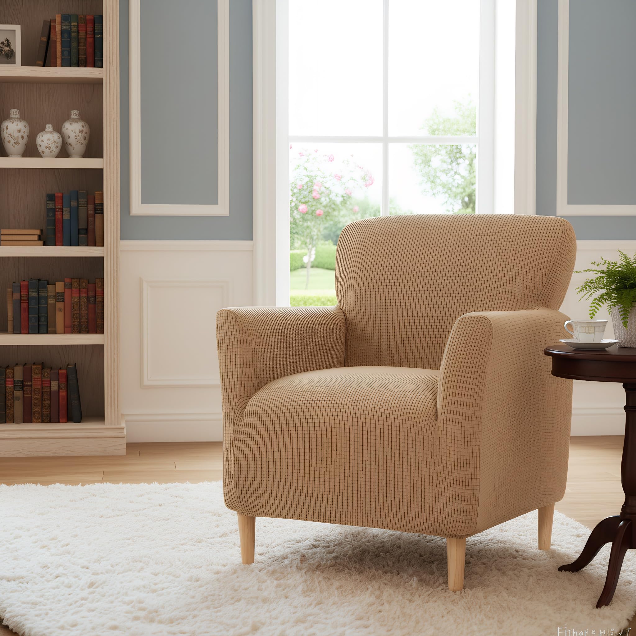 LiveGo Stretch Banquet Armchair Slipcover, Knit Chair Covers with Arms, Non-Slip Waterproof Chair Slipcover for Living Room, Office, Reception, and Pet-Friendly Furniture Protector (Light Coffee)