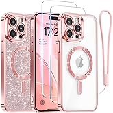 Meifigno for iPhone 15 Pro Max Case 6.7", [Glitter Card & Wrist Strap] [Compatible with MagSafe] [2X Screen Protectors] Surround Raised Camera Lens Protection for 15 Pro Max Case, Rose Gold