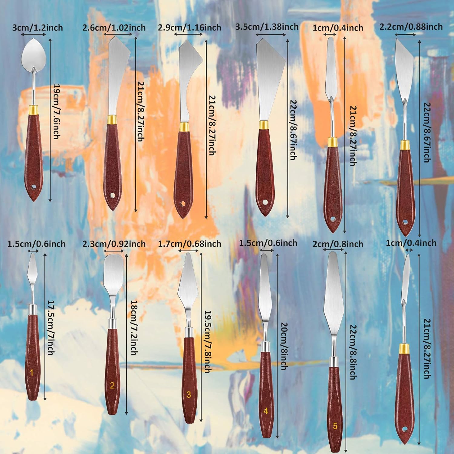 12 Pieces Painting Knife Set Stainless Steel Spatula Painting Knife Painting Mixing Scraper Wooden Handle Paint Spatula for Color Mixing Oil Painting Supplies