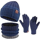 Mens Winter Knit Beanie Hat Touchscreen Gloves Neck Scarf Warmer Set, Warm Skull Cap with Fleece Lined Gifts for Men