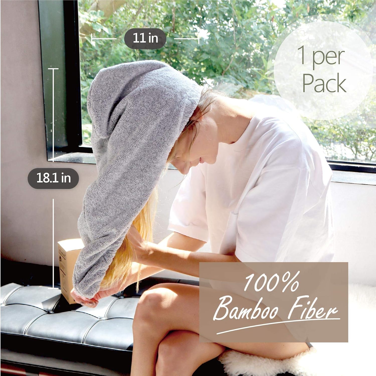 myHomeBody Ultra-Soft, Fast Drying Hair Towel Wrap with Elastic for Snug Fit, Natural Bamboo Fiber Hair Drying Scrunchie with 2 Coconut Shell Buttons : Beauty