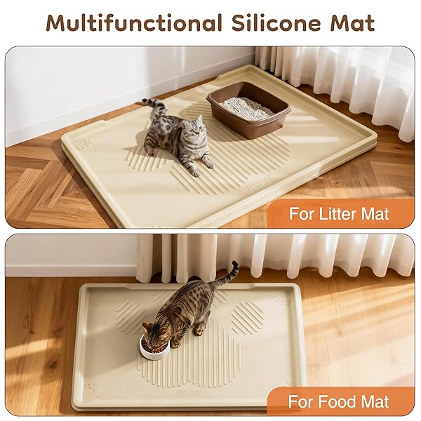 ISSEVE CAT LITTER MAT 40″ X 28″ XL, EXTRA LARGE SILICONE MAT FOR LITTER BOX, 1.38″ RAISED EDGE URINE WATERPROOF LITTER TRAPPING MAT PAD FOR SCATTER CONTROL, SOFT ON KITTY PAWS, PROTECT FLOOR (BEIGE)