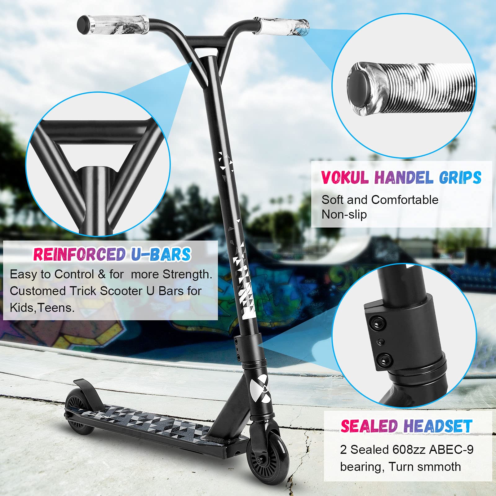 VOKUL Complete Pro Scooter for Kids Boys Girls Teens Up 6 Years - Freestyle Tricks Pro Stunt Scooter - High Performance Gift for Skatepark Street Tricks