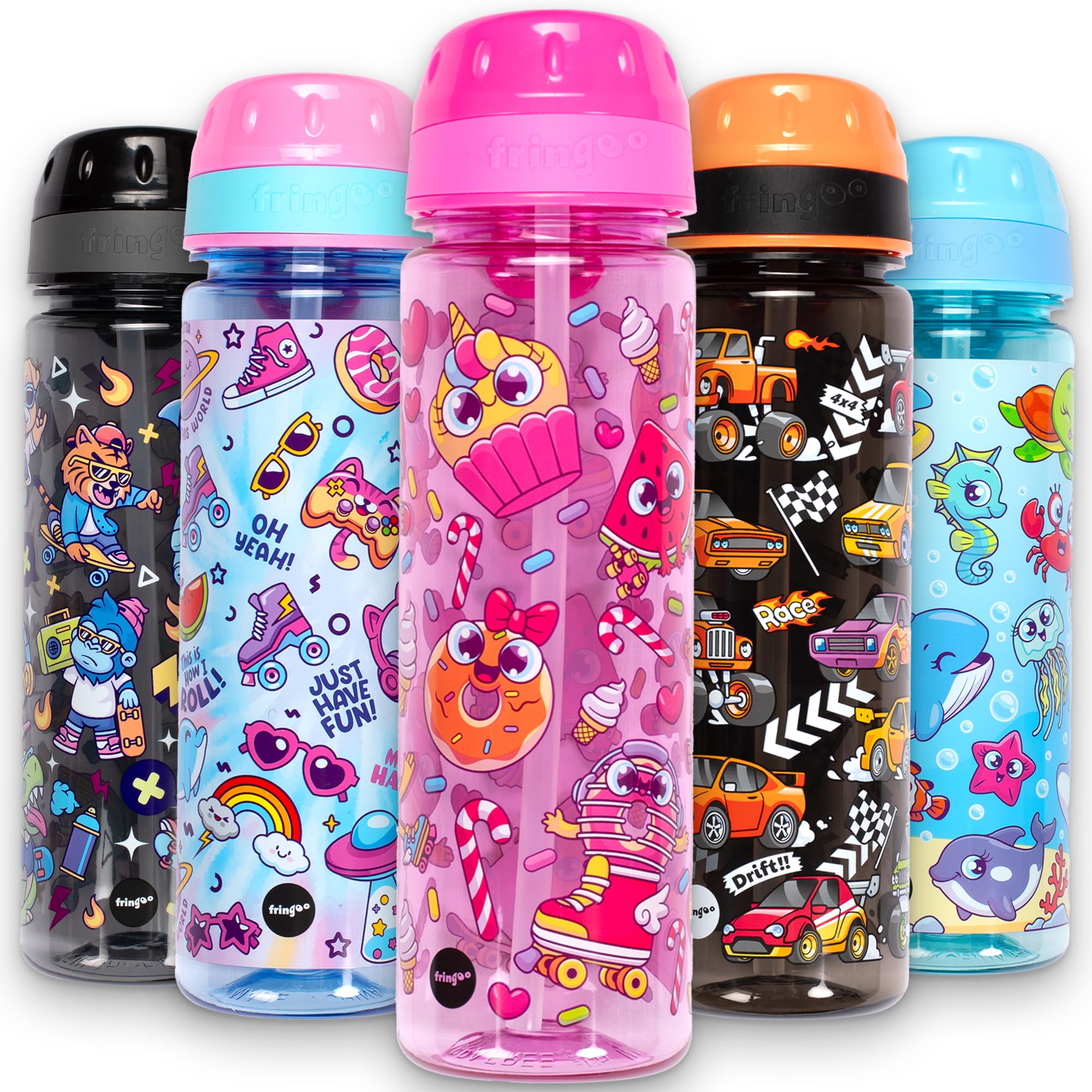 Fringoo Kids School Water Bottle - 650ml Straw Bottle with Carry Handle, Very Durable & 100% Leakproof, BPA-Free (Donut Skates)