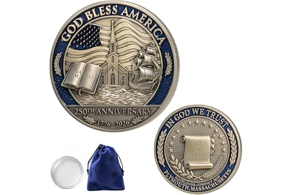 1PCS USA 250th Anniversary Commemorative Coin Religious Christian Faith-Based Gifts (1776-2026) God Bless America Patriotic Challenge Coin, Features Mayflower Compact & Declaration of Independence