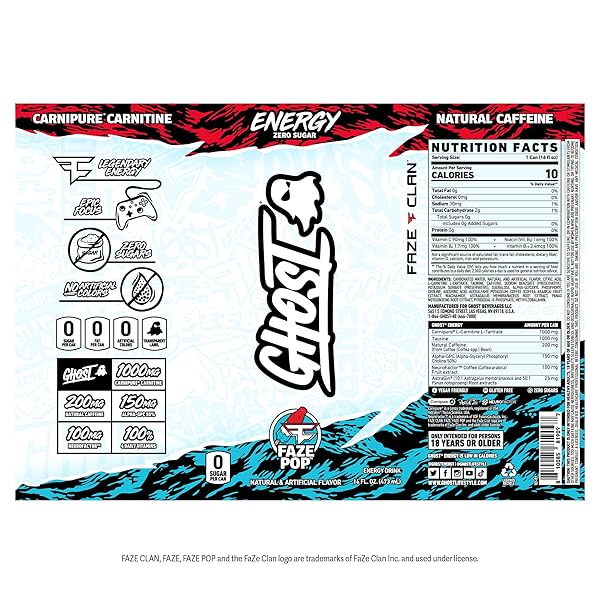 GHOST ENERGY X FAZE CLAN (FAZE POP) – PERFORMANCE ENERGY DRINK – SINGLE 16OZ CAN – ENERGY & FOCUS – NO ARTIFICIAL COLORS – 200MG OF NATURAL CAFFEINE, L-CARNITINE & TAURINE – GLUTEN-FREE & VEGAN