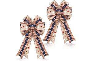 Moucuny 2 Pcs Red White Blue Bows 4th of July American Flag Bow Patriotic Wreath Burlap Memorial Day Tree Topper for Indoor Outdoor Independence Day Party Decoration