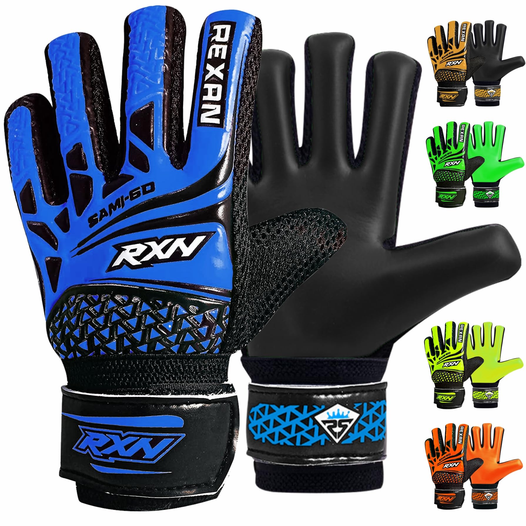 RAXAN Kids Junior Goalkeeper Gloves, Boys and Girls Training Gloves and Non-slip Wear Resistant Latex Material Goalie Protection to Prevent Injuries (Blue, Size 6 Suitable for 13 to 15 Years Old)