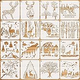 JSRQT 16Pcs Forest Stencils Templates, Animal Painting Stencils Set, Reusable Deer Bear Wolf Tree Mountain Forest Stencils fo