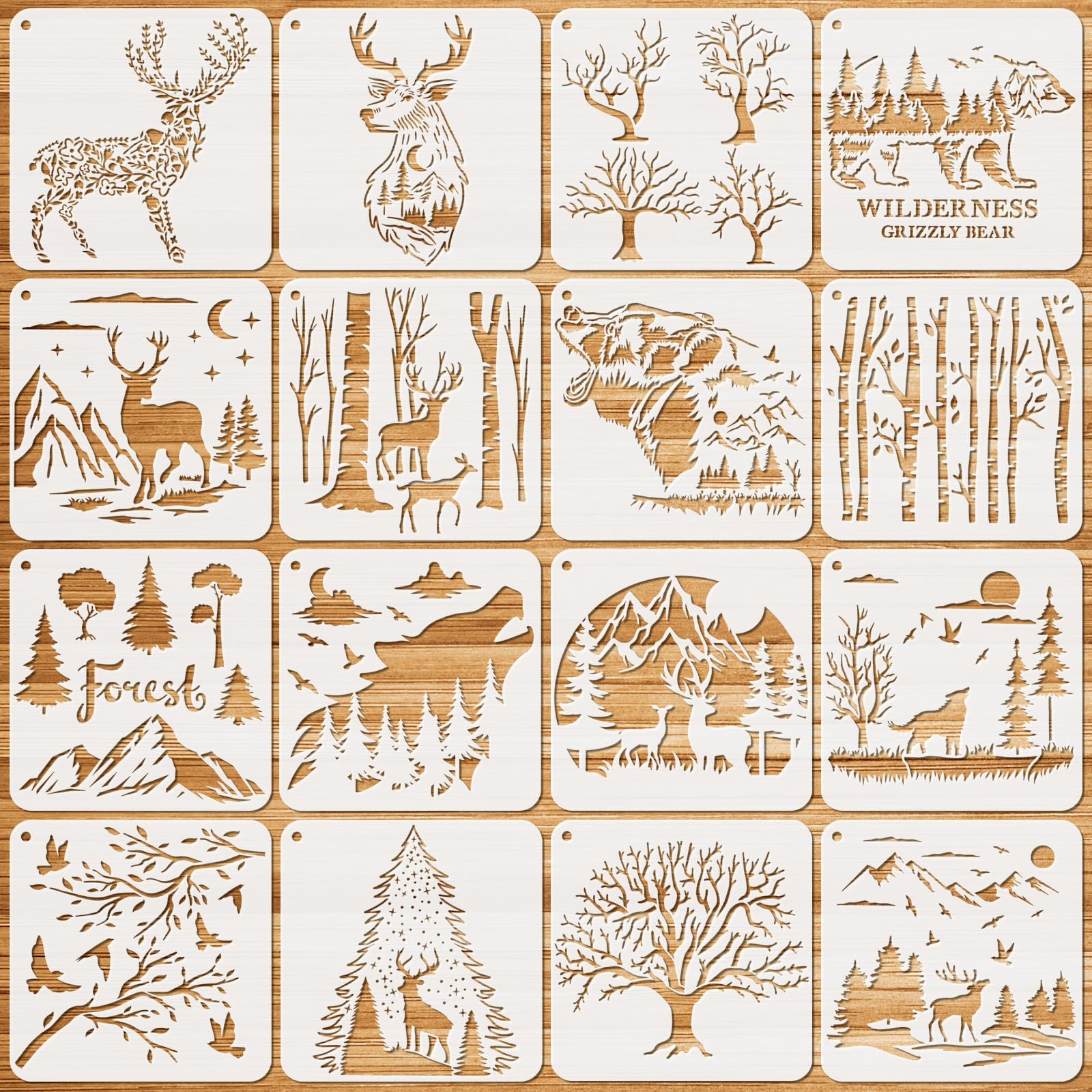 JSRQT 16 Sheets Forest Stencils for Painting, Animal Painting Stencil Templates Reusable, Deer Bear Wolf Wildlife Drawing Set Wood Fabric Canvas Wall Home Decors(20x20CM), JR-PP037-M