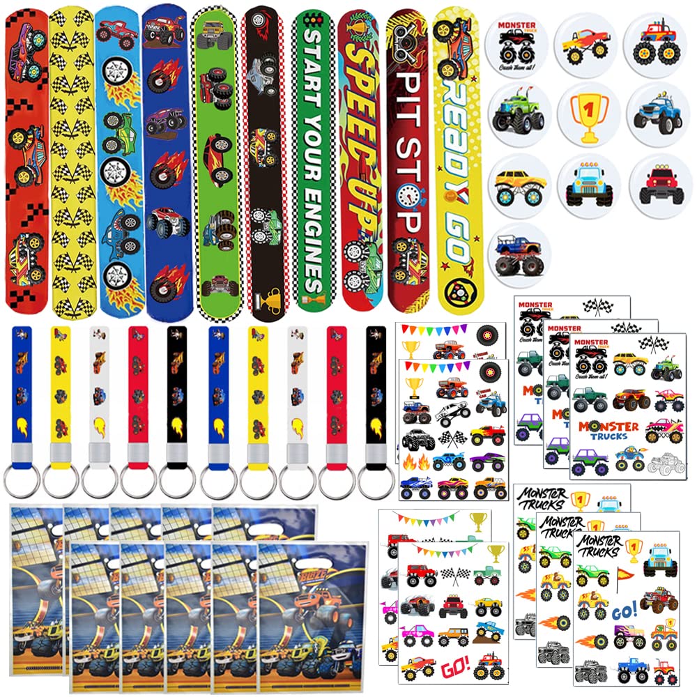 Lcnjscgo Monster Truck Party Favors Set Include Slap Bracelets Keychains Temporary Tattoos Pin Badges Gift Bags for Kids All-in-One Pack Truck Party Theme Decoration Prize Supplies