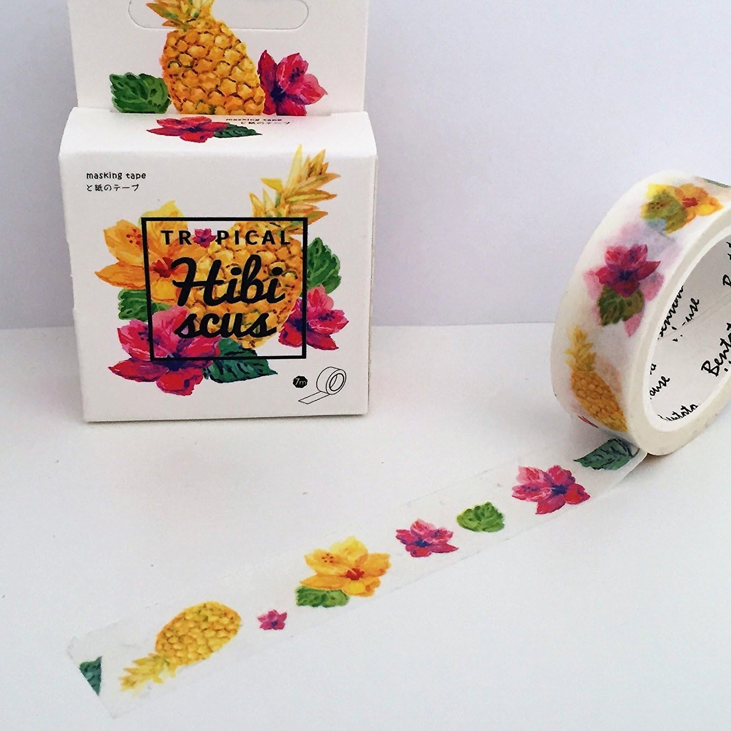 Tropical Hibiscus Summer Floral Washi Tape Roll - Yellow Pink Flowers Pineapple - 15mm x 7m Masking Tape