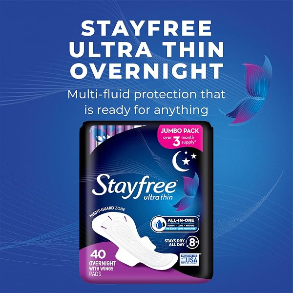 STAYFREE ULTRA THIN OVERNIGHT PADS WITH WINGS, FOR WOMEN, RELIABLE PROTECTION AND ABSORBENCY OF FEMININE MOISTURE, LEAKS AND PERIODS, 40 COUNT – PACK OF 3