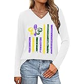 ELDPS Mardi Gras Shirts Women: Fat Tuesday Shirt Carnival Mask Graphic Tee New Orleans Party Long Sleeve V Neck Top White