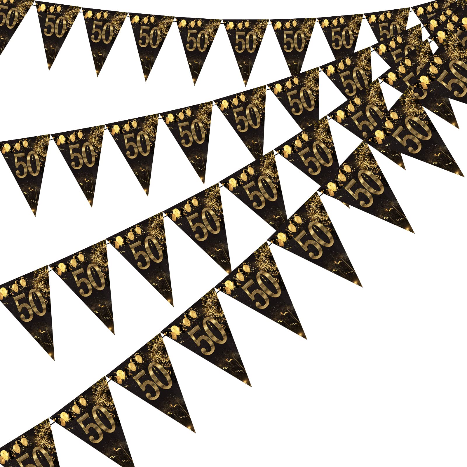 50th Happy Birthday Banner Bunting Flags 40 Pieces Gold and Black Glitter Birthday Anniversary Theme Party Decoration Supplies