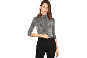 Allegra K Women's Halloween 3/4 Sleeve Glitter Party Sparkly Shiny Metallic Tops