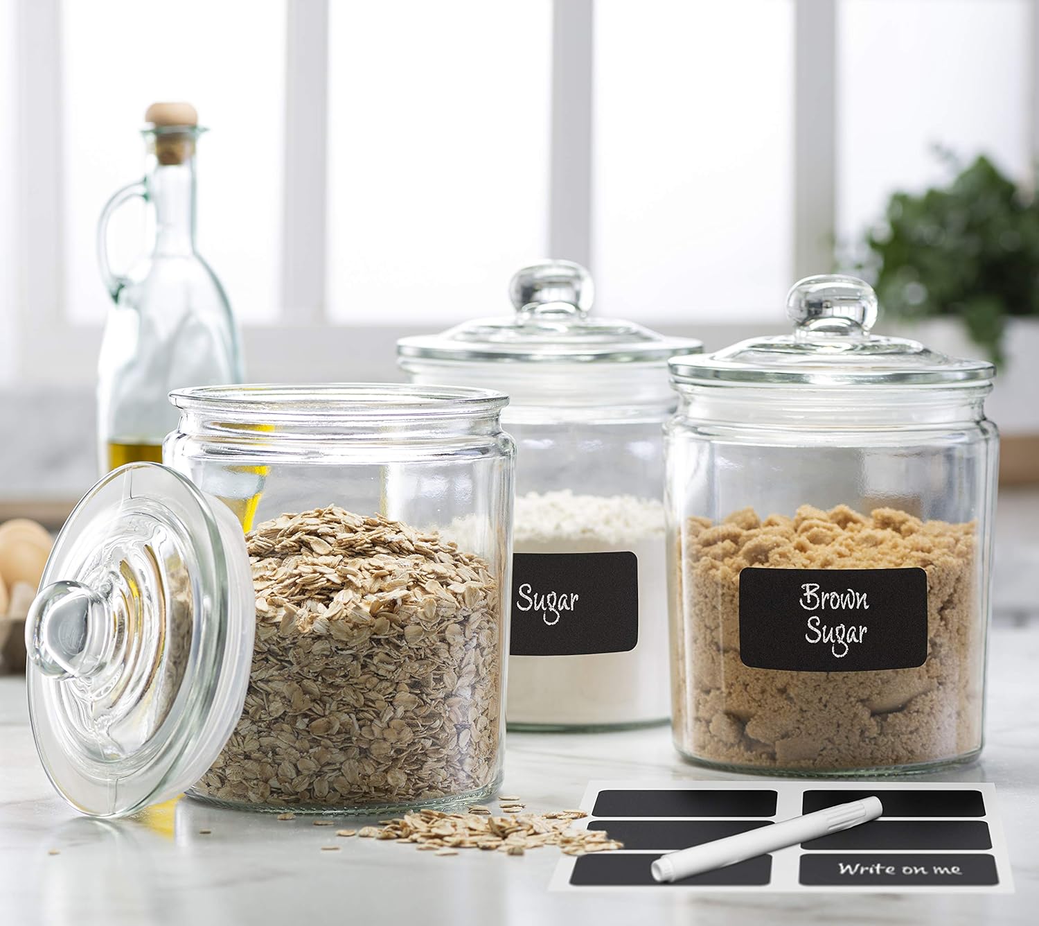 3pc Canister Sets for Kitchen Counter + Labels & Marker - Glass Cookie Jars with Airtight Lids - Food Storage Containers with Lids Airtight for Pantry - Flour, Sugar, Coffee, Cookies, etc.: Home Improvement