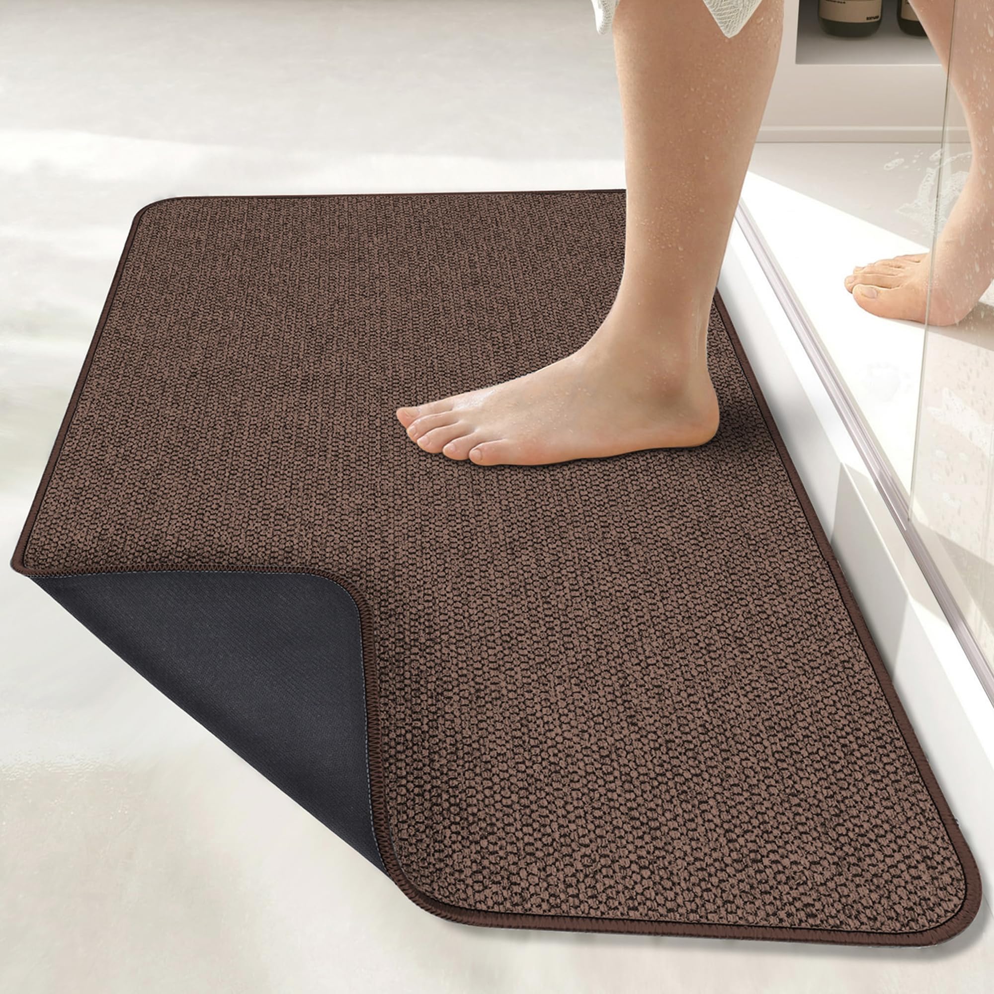 Photo 1 of Bath Mat,Ultra Thin Bathroom Rugs,Rubber Bath Mats for Bathroom,No Slip Bath Rugs,Quick Dry,Machine Washable,Low Pile,Absorbent,Shower Outside,Sink,Home Decor Accessories.Brown,1'5"x2'3"(17x27inch)