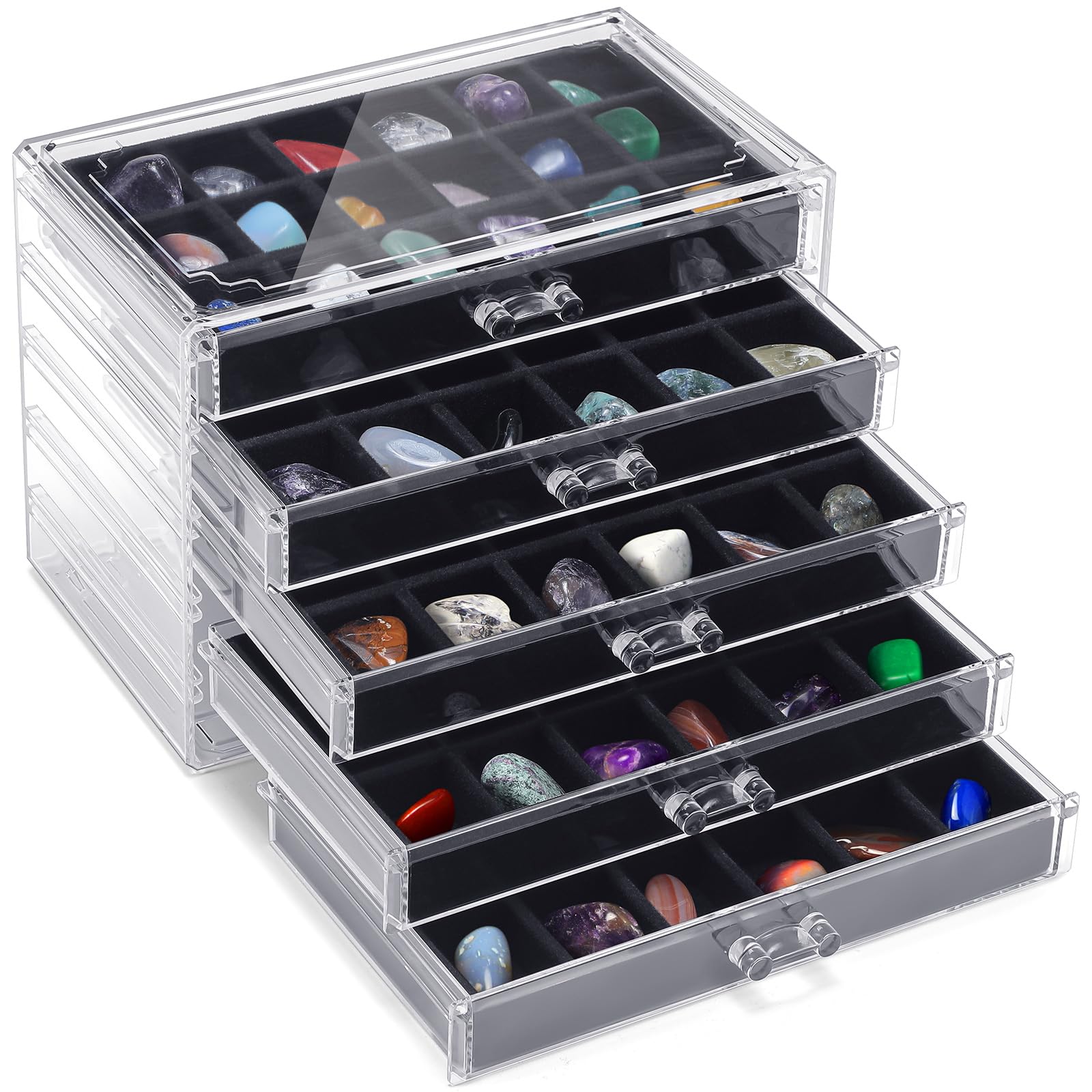 Photo 1 of Misdary 90 Grid Rock Collection Box Clear Acrylic Display Case for Kids 5 Drawers Velvet Insert Rock Storage Box for Collectibles Crystal Display Shadow(Black)