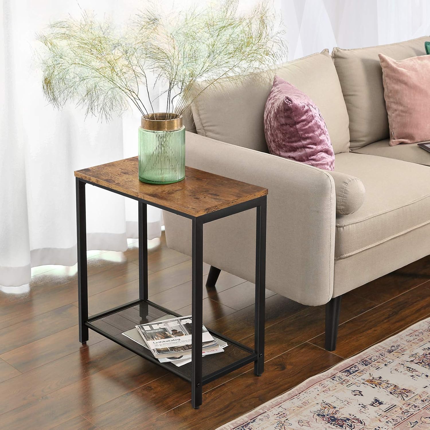 Vasagle Indestic Side Table Rustic Brown Ulet32bx Nightstand Kitchen Bedroom Industrial Design Narrow Small End Table With Mesh Shelf Metal Living Room End Tables Home Kitchen