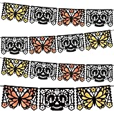 Small Papel Picado Banners For Dia De Muertos (Sugar Skull & Monarch Butterfly) Paper Cutout Garland - Mexican Party Hanging Decorations - Mini Banderitas Cordeles Banderines Mexicanos Para Decoracion