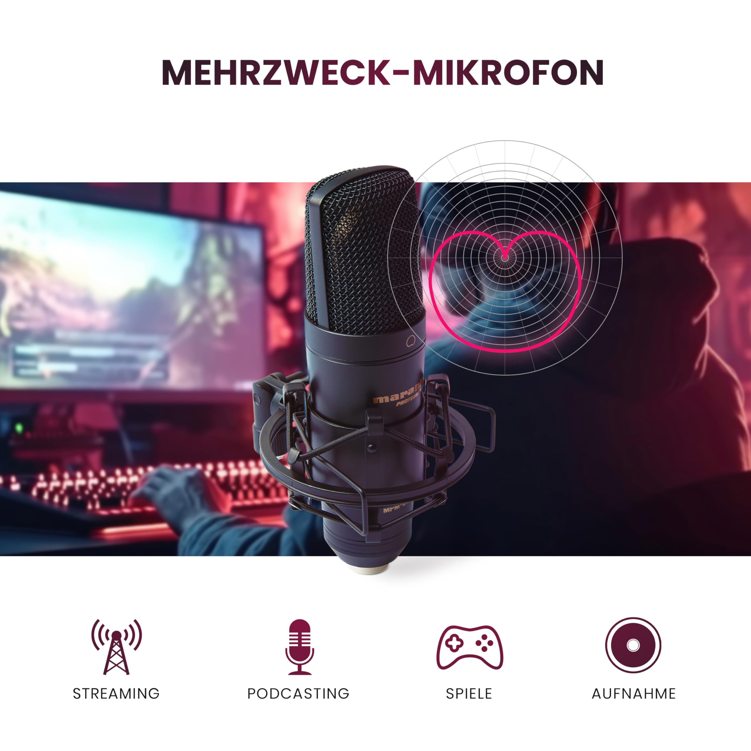Marantz Professional MPM-2000U - USB-Kondensatormikrofon für Gaming, Streaming, Podcasting und PC/Mac-Aufnahmen - Cardioid, Shockmount, USB-Kabel und Transportetui inklusive, Schwarz 2