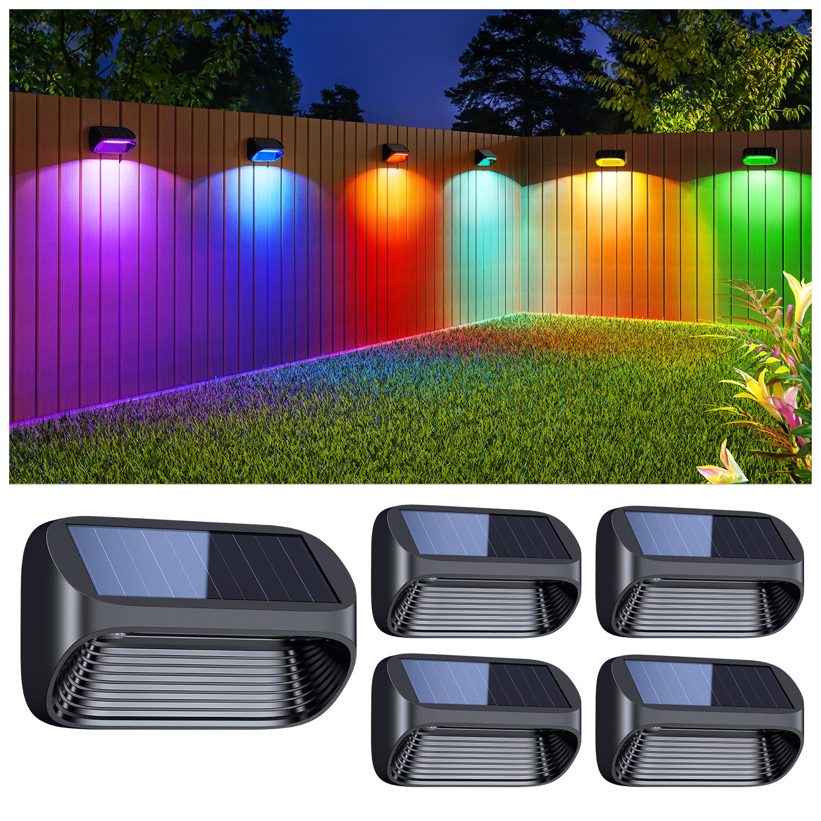 BUCASA Solar Fence Lights, 4 Pack Wall Solar Lights Outdoor Garden Fence with White Light and Multi-Color Light, 8 Modes Outdoor Light Waterproof for Garden Ornaments Outdoor, Step, Fence, Yard