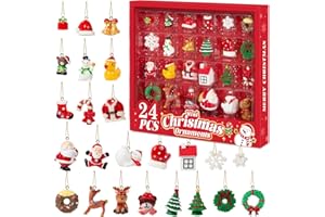 Mini Christmas Ornaments, Sooez Set of 24 Cute Miniature Resin Christmas Tree Ornament Figures Advent Calendar Fillers, Durable & Well-Crafted 3-D Figurines with Gold Loops for Easy Hanging