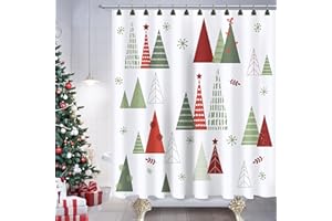 Sunlit Geometric Modern Design Christmas Shower Curtain Christmas Tree Bathroom Home Office Holiday Wall Decoration as Tapestry and Photo Booth Backdrop Red Green White Printed