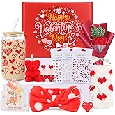 Valentines Day Gifts for Her Basket - 11Pcs Valentines Basket for Women, Red Gifts Box with 20 oz Tumbler with Lid, Rose & Red Heart Keychain for Mom Teacher Wife Daughter Teen Girls Girlfriend
