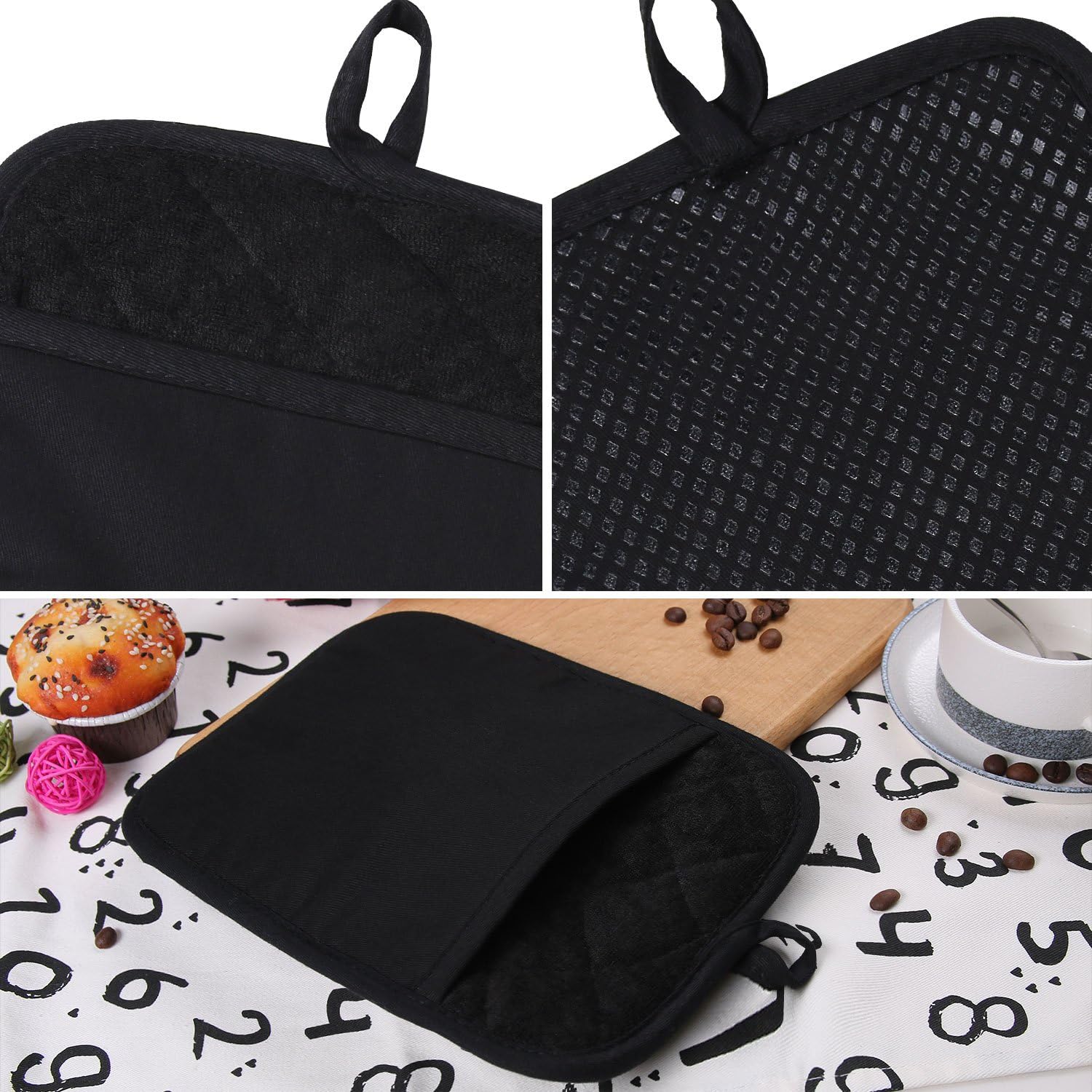 100% Cotton with Silicone Kitchen Everyday Basic Pot Holder Heat Resistant Coaster Potholder Oven Mitts with Pocket for Cooking and Baking Set of 2 Black: Home & Kitchen
