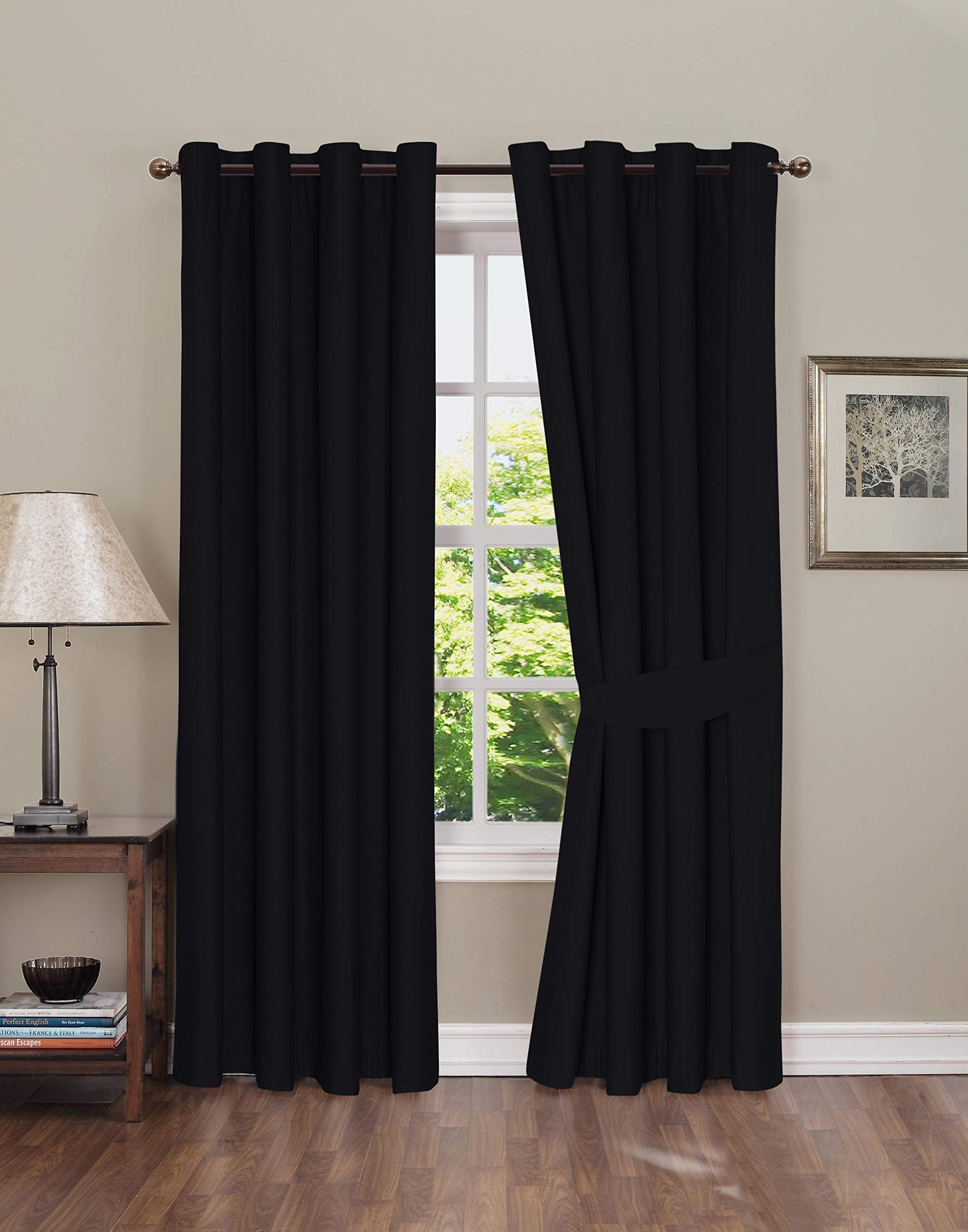 Blackout Curtain for Bedroom,Thermal Insulated Grommet Blackout Curtains, 2 Panels, Blackout Curtains with Tie-Backs, Black, 42x84 inch by Boston Linen Co.