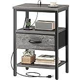 SUPERJARE Nightstand with Charging Station, Bed Side Table with Adjustable Fabric Drawer, Night Stand for Bedroom, 3-Tier Storage End Table, for Living Room, Grey