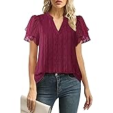 Lotusmile Womens Dressy Chiffon Blouses Summer Puff Petal Short Sleeve Shirts V Neck Casual Work Tops