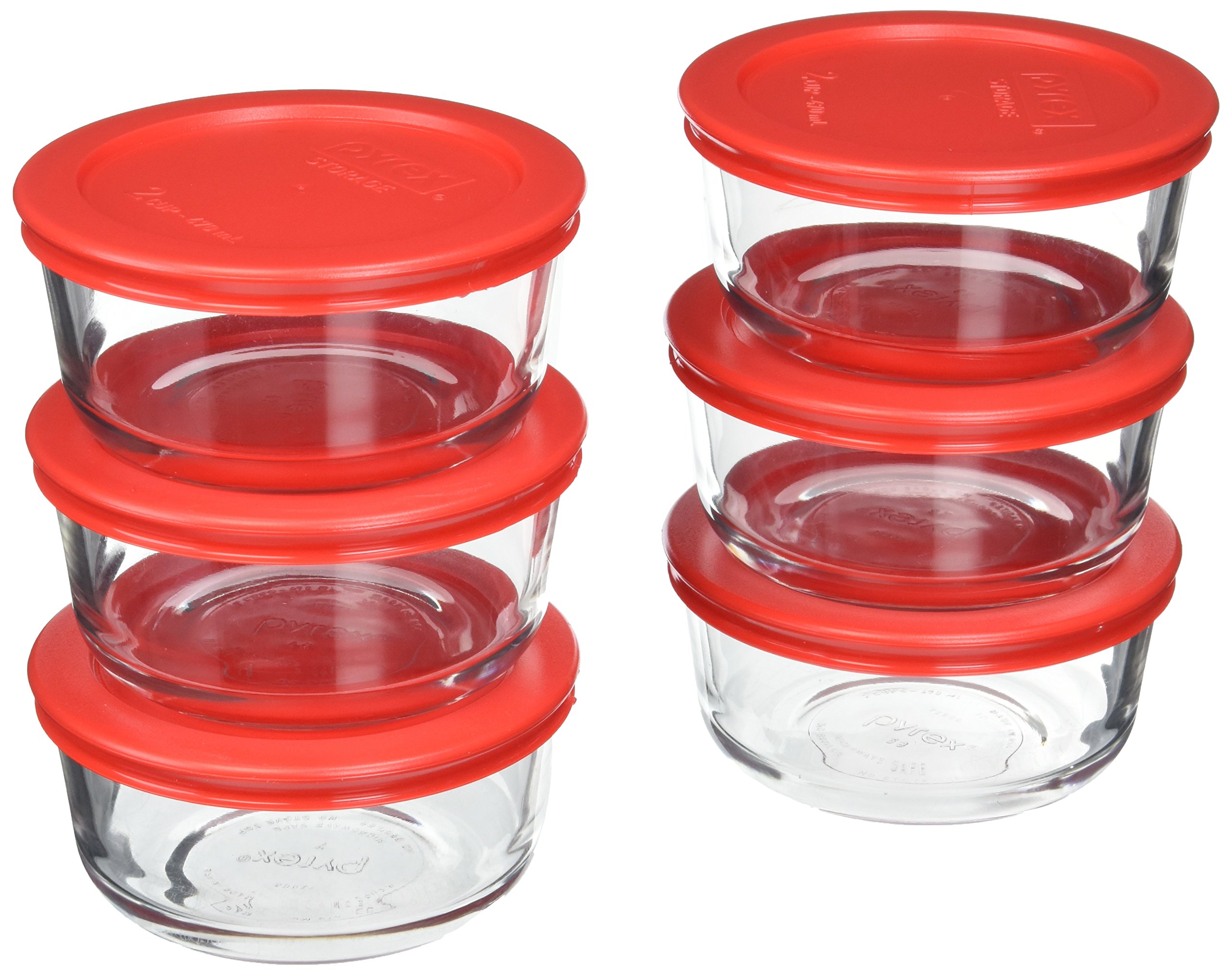 Photo 1 of **MISSING LID TO ONE**
Pyrex (6) 7200 2 Cup Glass Bowls & (6) 7200-PC Red Food Storage Replacement Lids - Made in USA