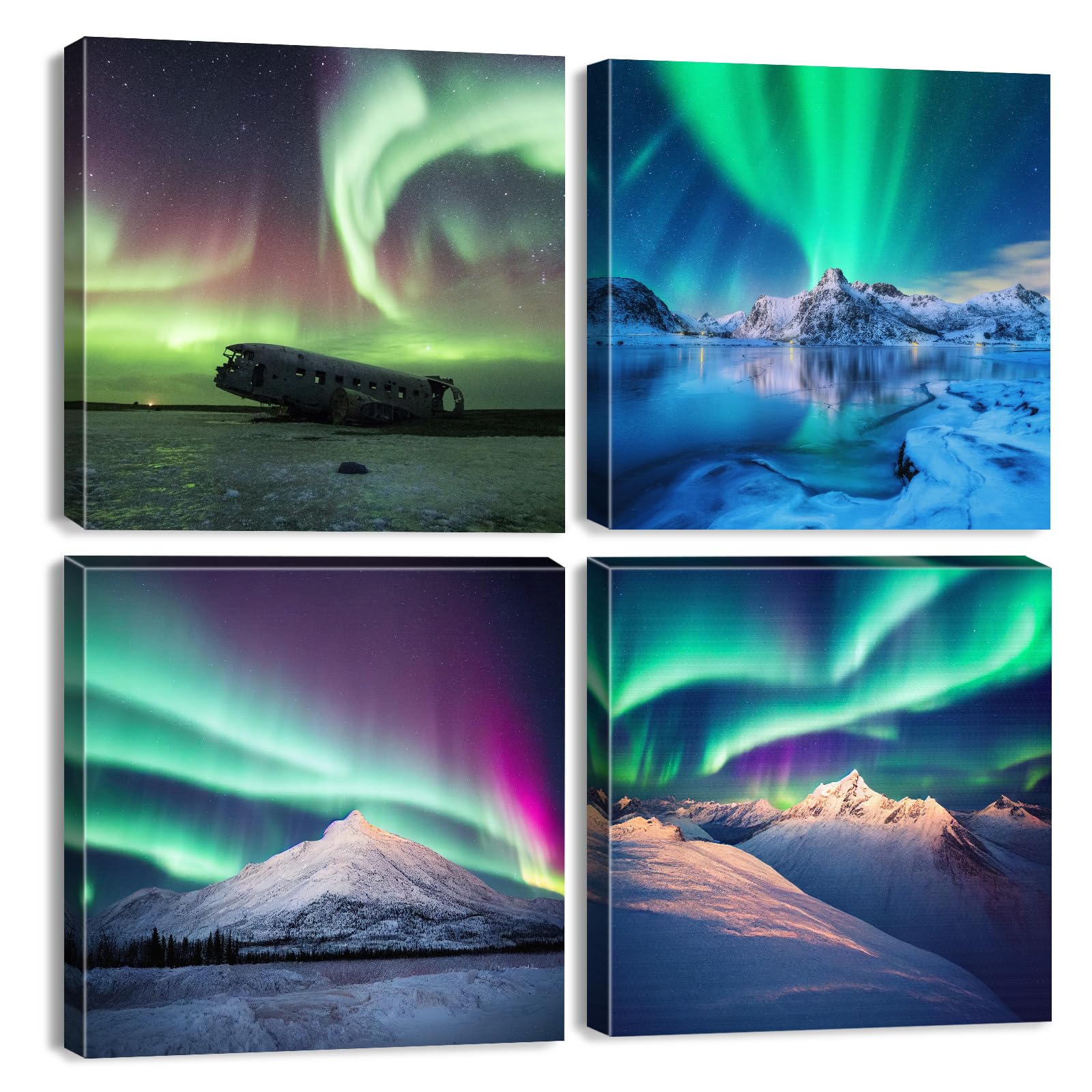 Green Northern Lights Wall Art for Living Room Decor Aurora Landscape Photo Prints Snow Mountain Wall Decor Nature Aurora Borealis Canvas Pictures Modern Artwork Bedroom Home Decorations 30x30cm 4Pcs