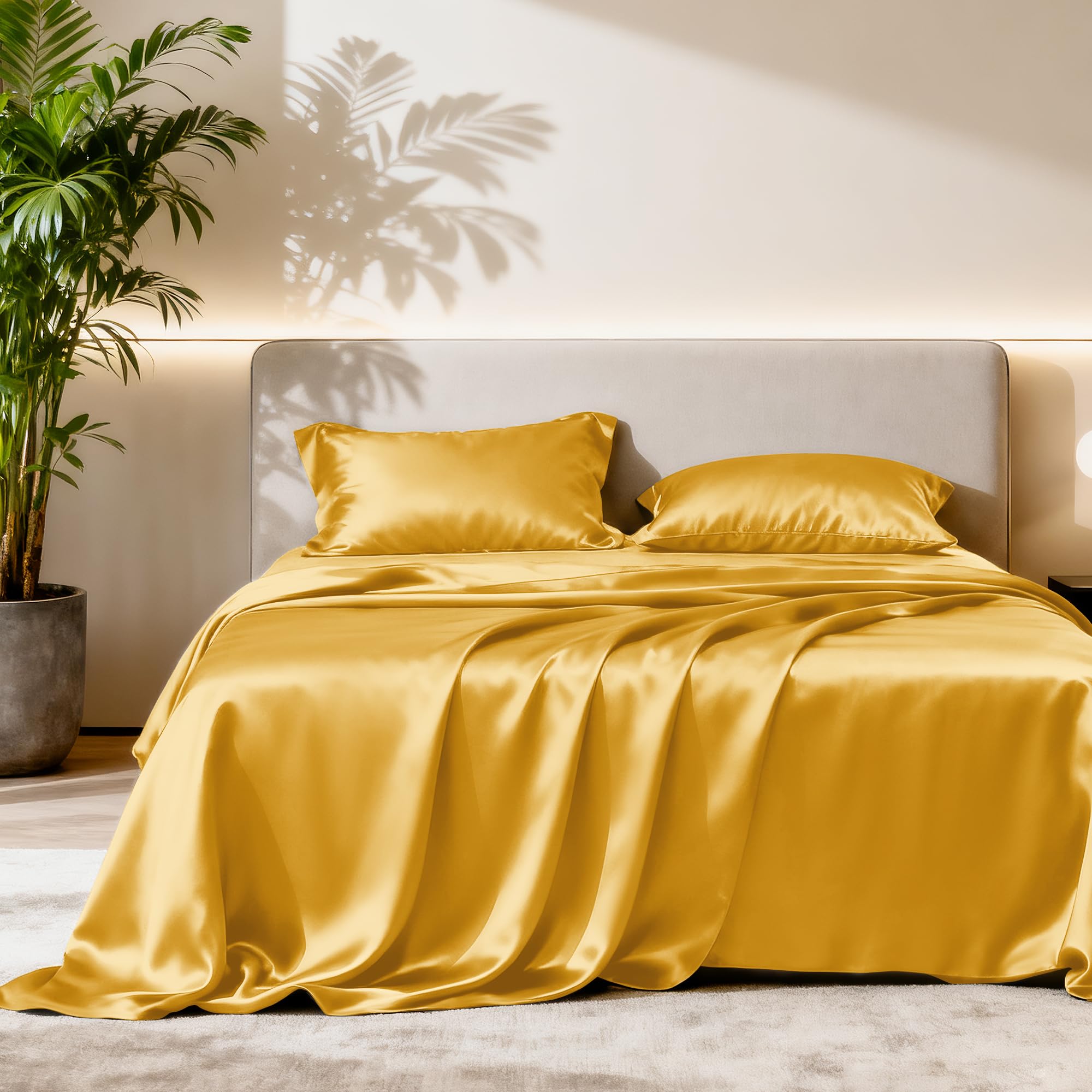 Love's cabin 4Piece California King Satin Bed Linen Set, Gold Silky Satin Sheets, Deep Pocket, Luxury Silk Feel, 1 Flat, 1 Fitted Sheet, 2 Pillow Cases Image