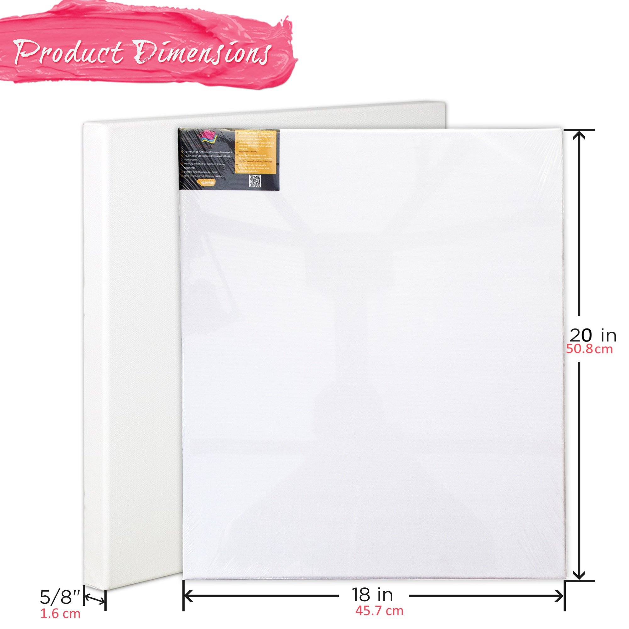 Stretched Canvas Panel Frames EXTRA LARGE 18 x 20 Inches (45.7 cm x 50.8 cm) Professional Quality Acid-Free Artist Canvas Boards for Painting 2 pack Triple Primed with Gesso By Crafts 4 ALL