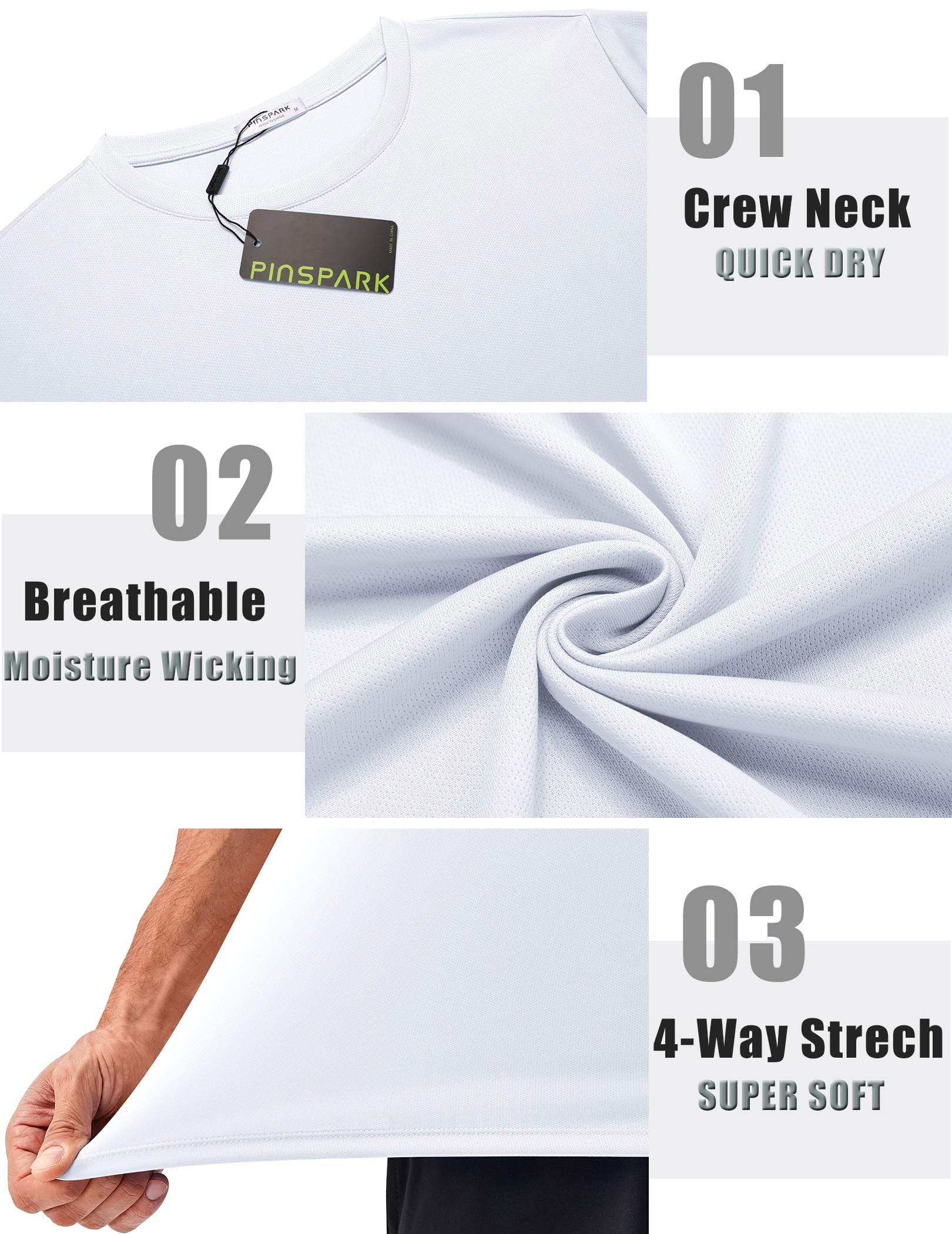 PINSPARK Men's 3 Pack Workout Shirts Quick Dry Moisture Wicking Crewneck Tee Shirt Mesh Athletic T-Shirts