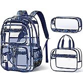 Fimibuke Clear Backpack for Boys, 3PCS Heavy Duty PVC Transparent Boys Backpack with Lunch Box & Pencil Case, School Stadium Event Approved Toddler School Bookbag for Preschool Kindergarten Elementary